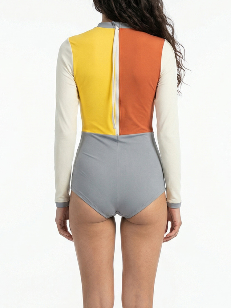 Retro Colorblock Long Sleeve Rash Guard One-Piece Swimsuit - Women's | ChillHang