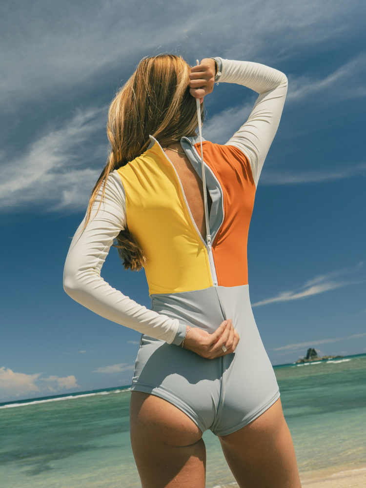 Retro Colorblock Long Sleeve Rash Guard One-Piece Swimsuit - Women's | ChillHang